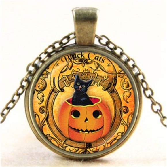 Black Cat / Pumpkin / Fall / Halloween / Pendant Necklace - Picture 4 of 11